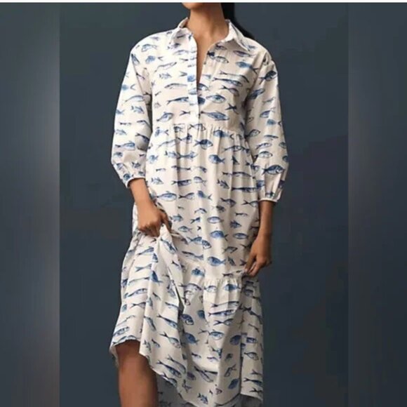 Anthropologie Maeve Bettina Shirt Dress Cotton Fish print midi size 1X. - Picture 1 of 6